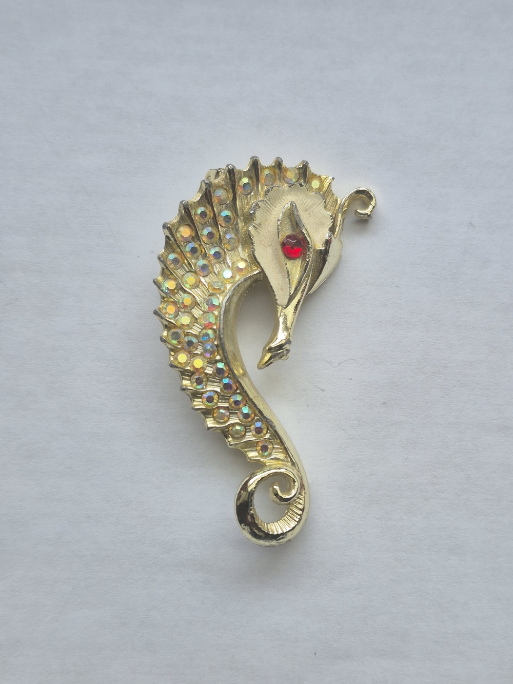 Vintage Gold Tone Seahorse AB Rhinestone Brooch